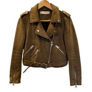 Zara Motorcycle Biker Faux Suede Jacket - Brown - Women's M